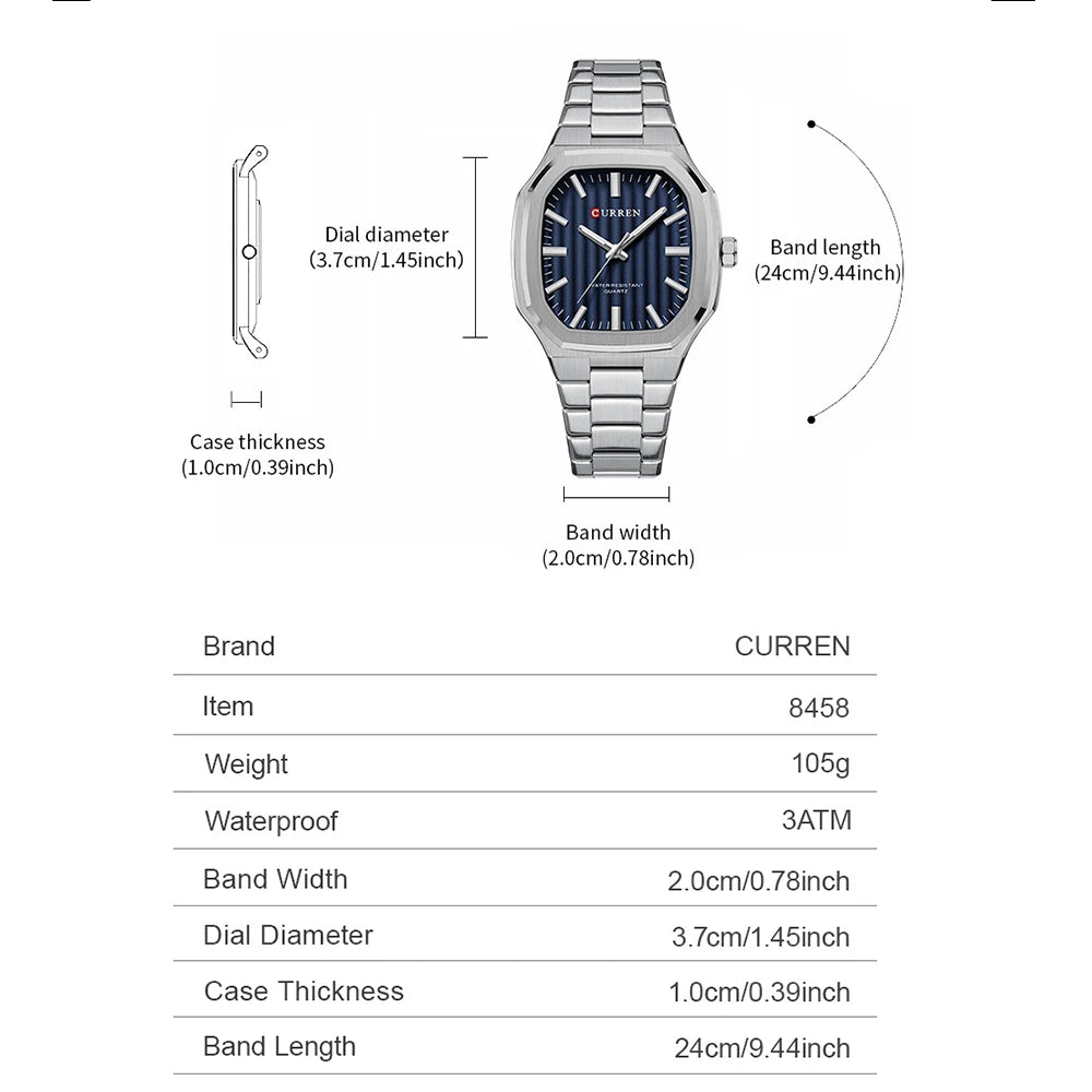 Montre Homme CURREN Business Carré Quartz – Acier Inoxydable Lumineux Étanche Classique