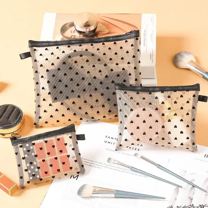 Mini Trousse Maquillage Transparente Cœur – Pochette Cosmétique Portable