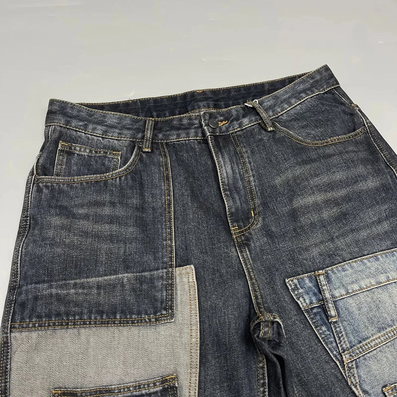 Gerade geschnittene Jeans Patchwork Streetwear 2025 – Japanische Skater-Passform mit mehreren Taschen in großen Größen