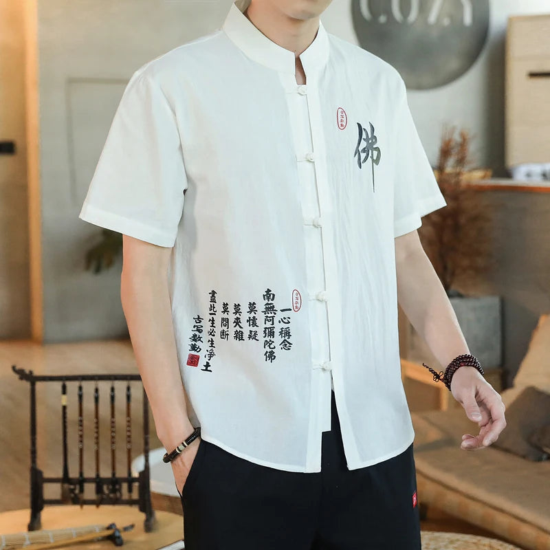 Chemise Style Chinois Homme Tang Suit Lin 2023 – Kung Fu Hanfu Manches 3/4 Grande Taille 4XL 5XL