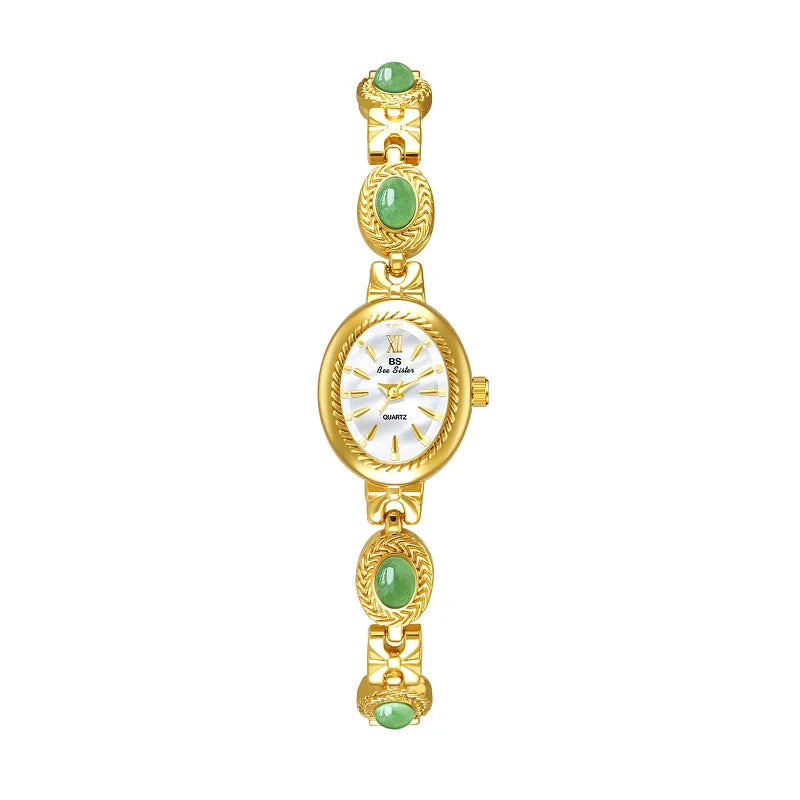 Montre Femme Luxe Jade Bracelet Quartz Dorée – Élégante Fashion Cadeau Idéal