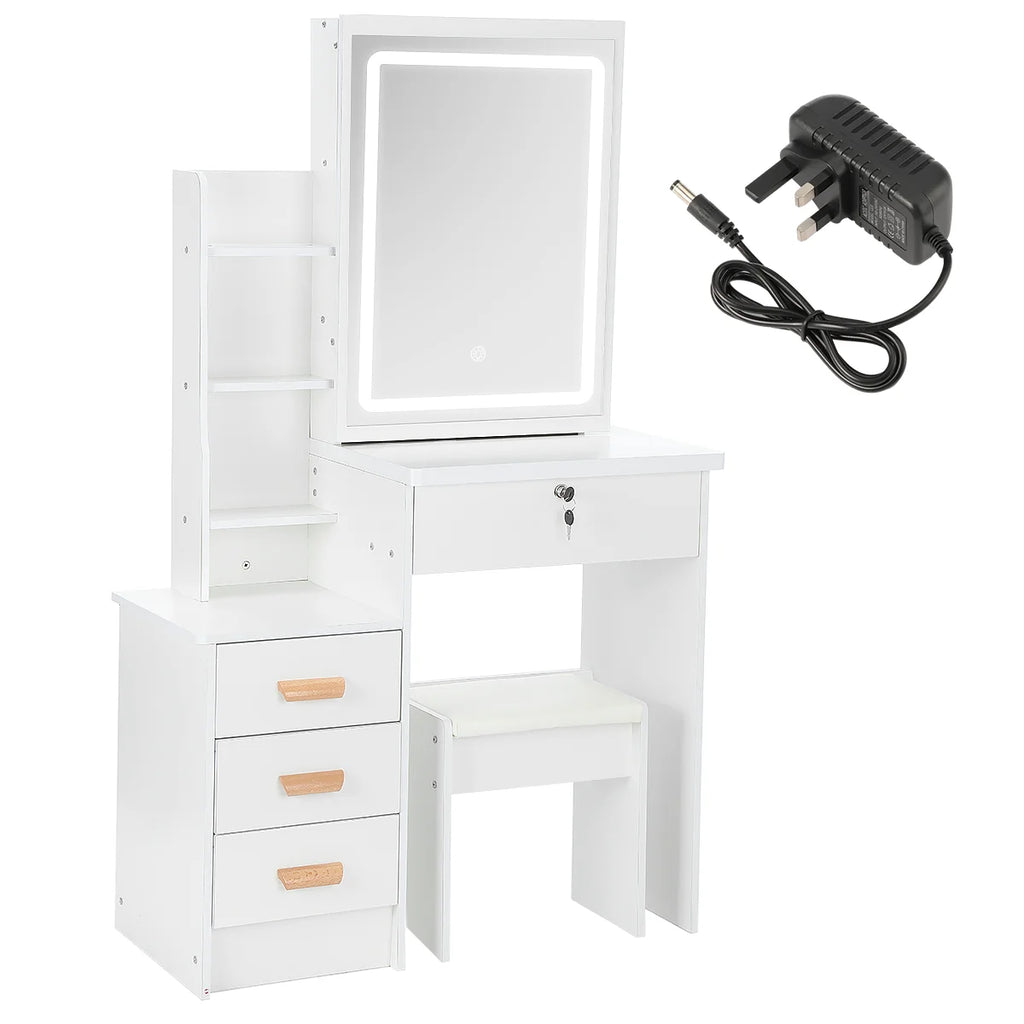 Coiffeuse avec Miroir & Tabouret Blanc – Tiroirs & Étagères Ouvertes | Bureau Maquillage Chambre