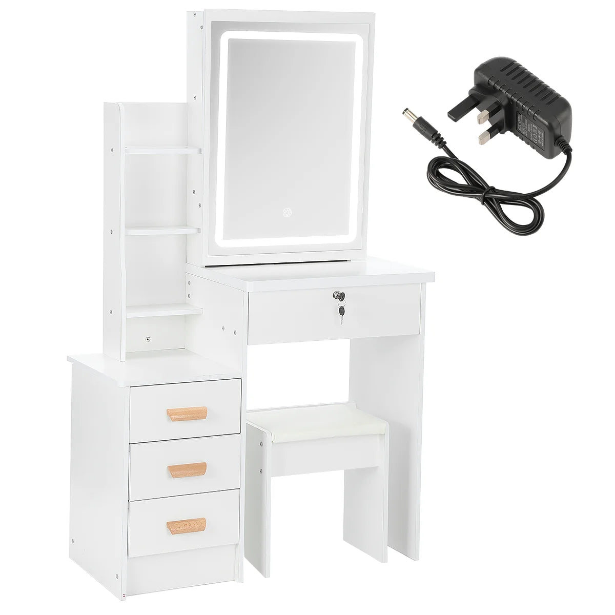 Coiffeuse avec Miroir & Tabouret Blanc – Tiroirs & Étagères Ouvertes | Bureau Maquillage Chambre