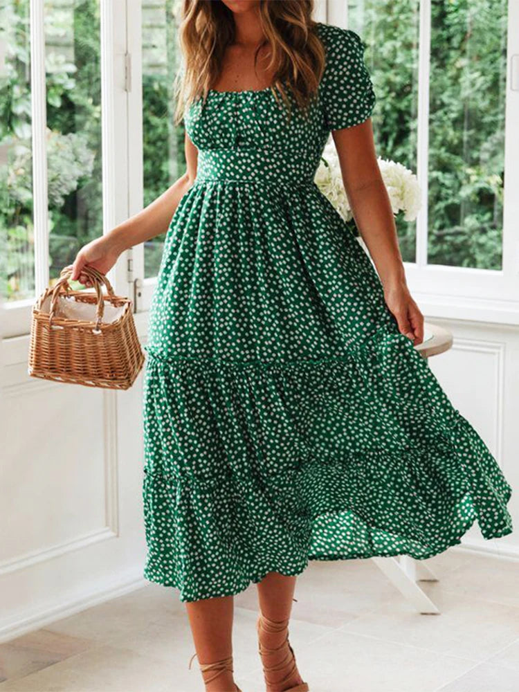 Vintage Maxikleid mit Blumenmuster – Carmen-Ausschnitt & Puffärmel | Maxi Strandkleid Casual