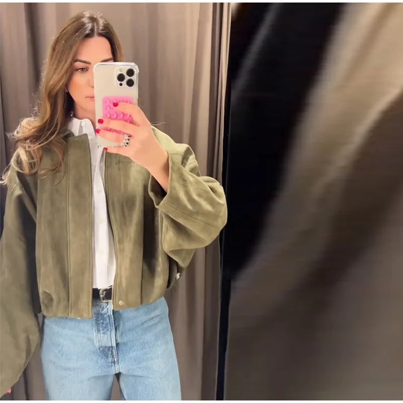 Veste Femme Suède Vert Élégante Manches Bouffantes Revers Fermeture Éclair Ample Plissée – Blouson Court Streetwear Printemps Automne | Mode 2025