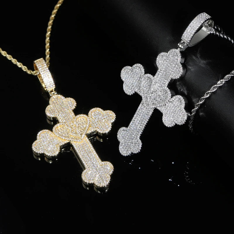Collier Pendentif Hip Hop Bling 5A CZ Pavé Croix & Cœur Glacé – Chaîne Cuban Link, Tennis & Corde | Bijou Homme Rapper Streetwear Premium