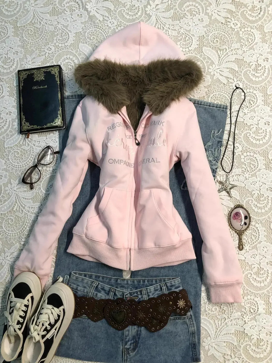 Sweat à Capuche Femme Fourrure Synthétique Rose Vintage Américain Y2K Harajuku Col Fausse Fourrure Slim Centuré – Veste Tendance Hot Girl | Mode