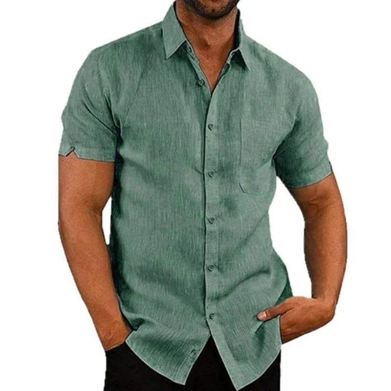 Herrenhemd Leinen Baumwolle Sommer Kurzarm Casual Unifarben Umlegekragen Formell Strand Leicht Atmungsaktiv – Lässiges Schickes Trendhemd | Premium Herrenmode