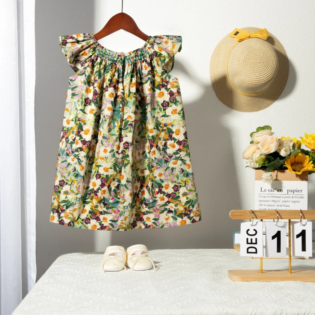 Robe Été Fille Fleurie Smockée Manches Volantes – Tenue Quotidienne Adorable 1-6 Ans