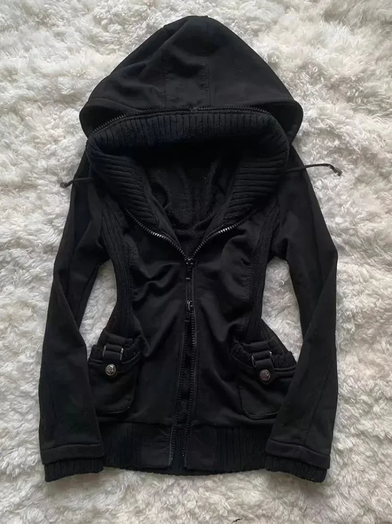 Sweat Femme Gothique Cardigan Plissé Slim – Hoodie Fashion Casual Couleur Unie Hiver Rétro