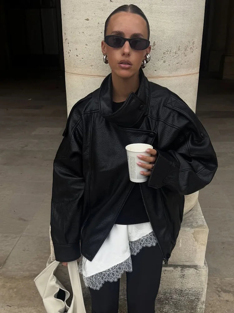 Veste Femme Asymétrique Noire Manches Longues Poches Zippée Ample – Style Mode High Street | Automne | HH
