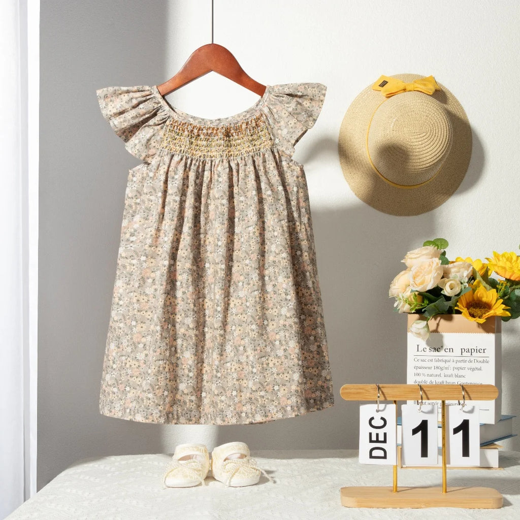 Robe Été Fille Fleurie Smockée Manches Volantes – Tenue Quotidienne Adorable 1-6 Ans