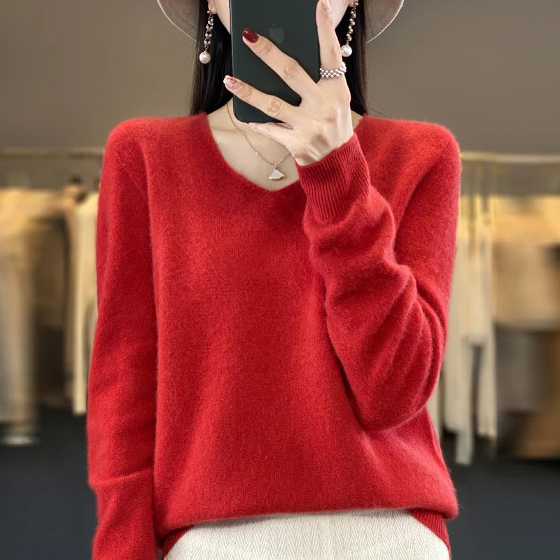 Pull Cachemire 100% Laine Col V Femme - Tricot Casual Korean Fashion Automne Hiver