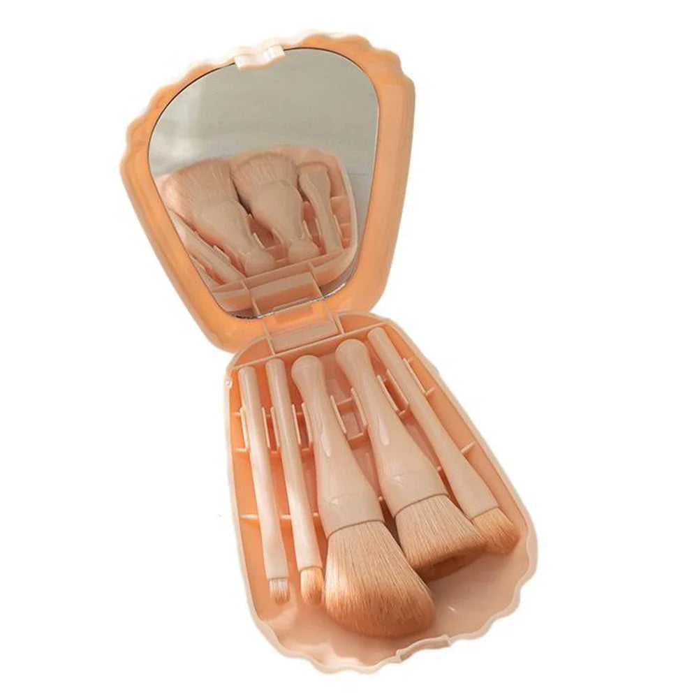 Set 5 Pinceaux Maquillage Coquillage Portable avec Miroir HD – Poils Doux, Lèvres & Retouches | Trousse Cosmétique Complète