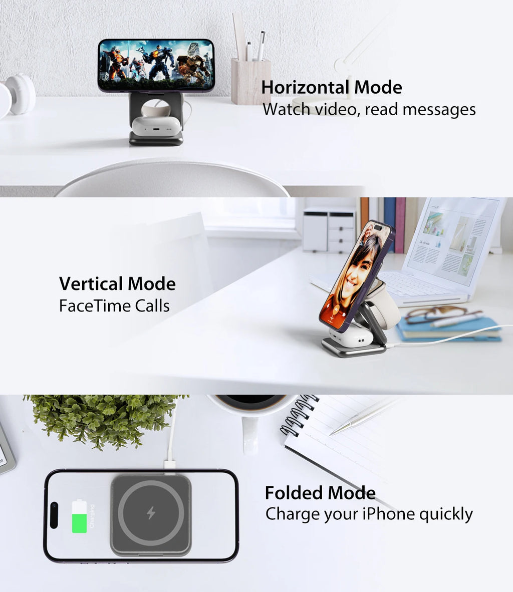 KUXIU X40 Chargeur 3-en-1 Pliable Magnétique – iPhone 17-13 AirPods 4-2 iWatch Charge Rapide