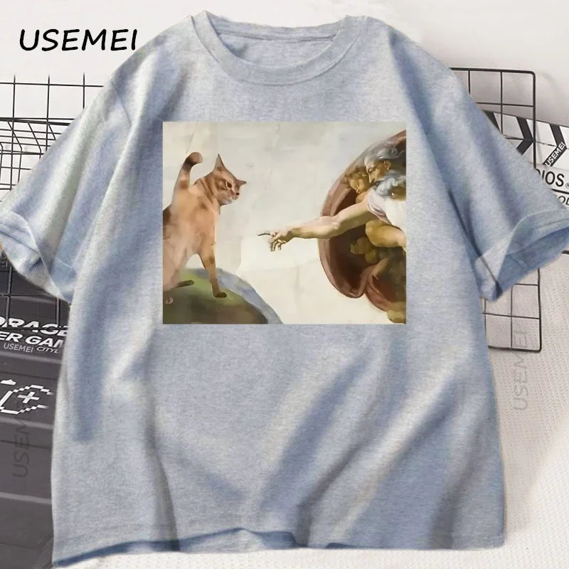T-Shirt Unisexe Humour Chat Dieu Création d'Adam Meme Jésus Coton Vintage Manches Courtes Col Rond – Streetwear Meme Culte | Mode Casual