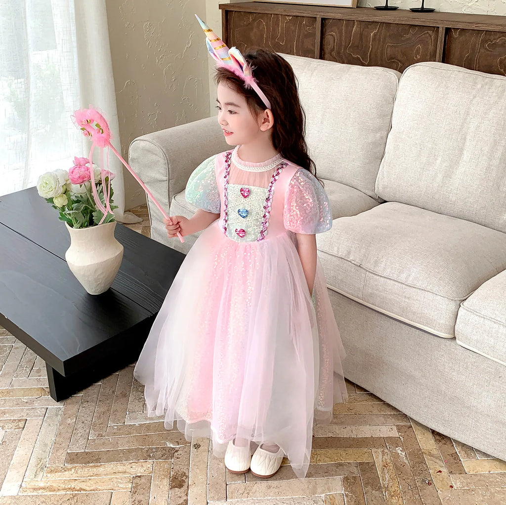 Meerjungfrau Prinzessin Kleid Mädchen Pailletten Perlen Puffärmel – Faschingskostüm Halloween Cosplay