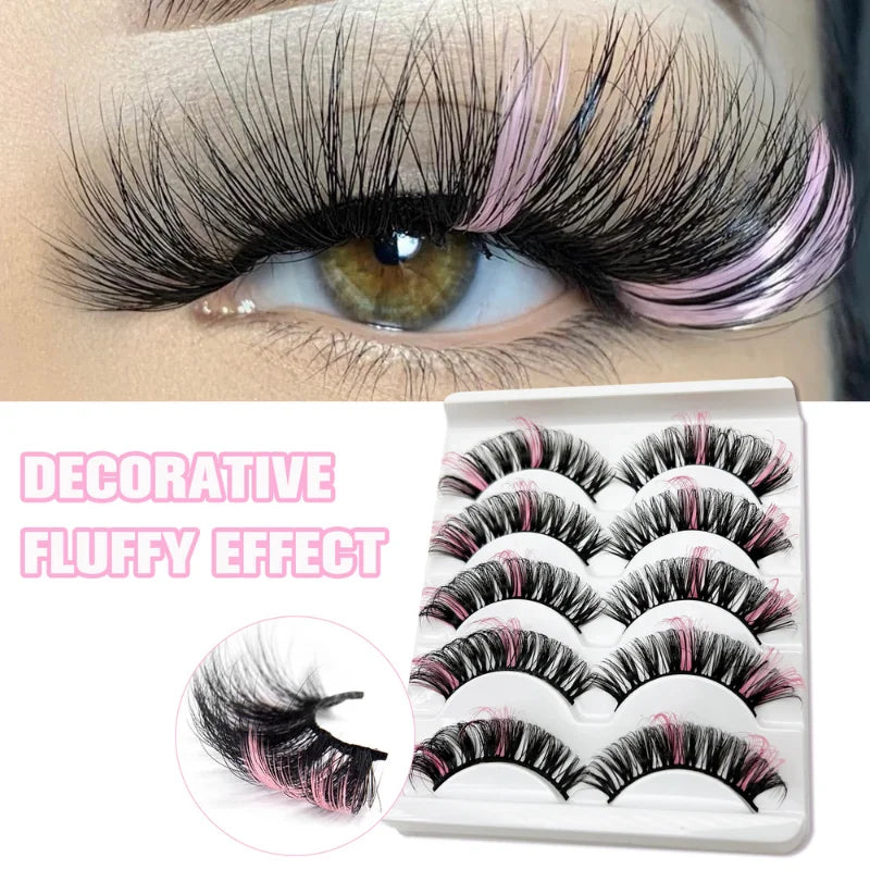 Faux Cils 3D Mink Colorés – Lot 5 Paires Fluffy | Rose, Bleu, Rouge | Maquillage Festif