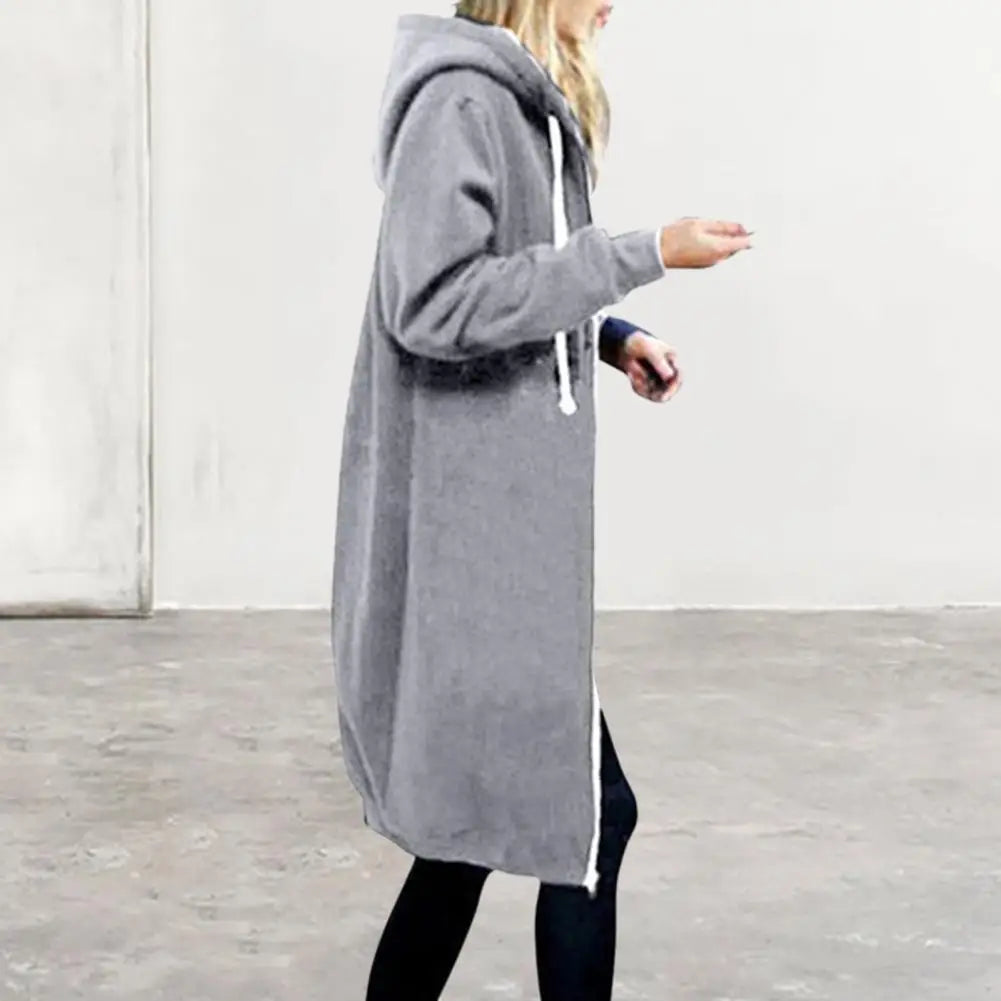 Veste Sweat Femme Polaire À Capuche Longue Zip Manches Longues Ample – Chaud & Confortable | Automne Hiver