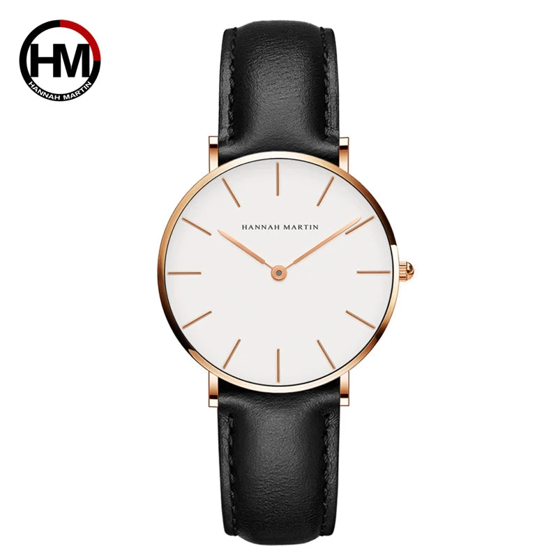 Montre Femme Luxe HANNAH MARTIN Ultra-Fine 36mm Cuir Or Rose – Étanche Élégante Fashion