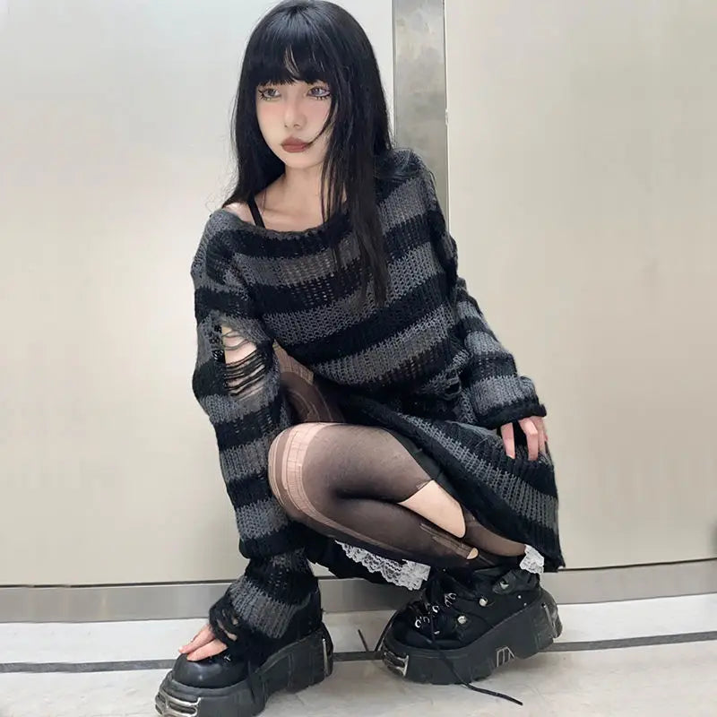 Gothic Damen Strickpullover Lila Streifen Zerrissen Ausgefranst – Fairy Grunge Lolita Emo Streetwear Stil