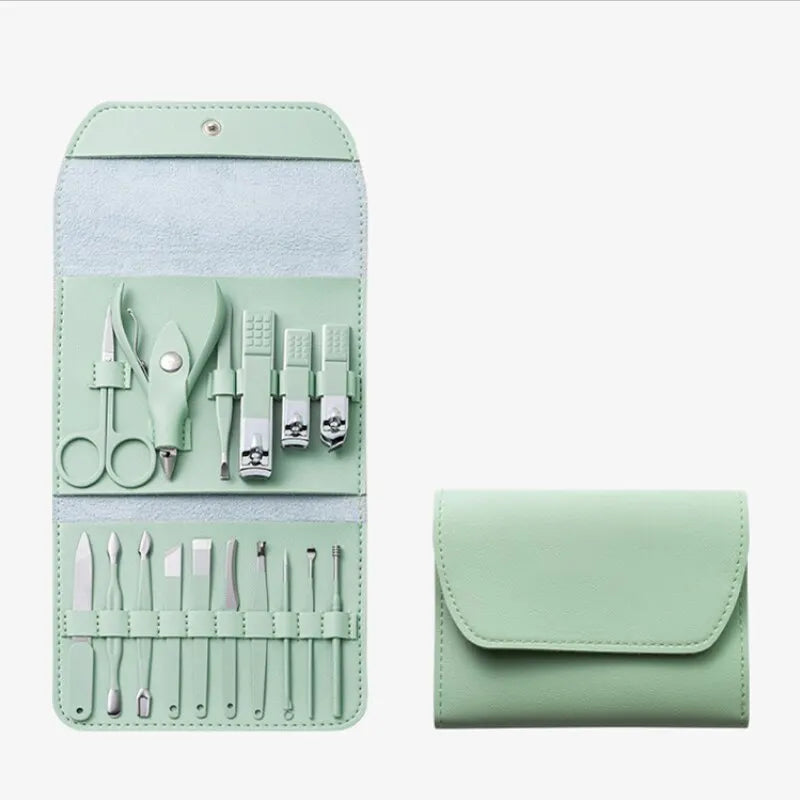 Kit Manucure 16 Pièces Inox – Coupe-Ongles, Ciseaux & Accessoires | Pochette Pliable | Soin Ongles Professionnel