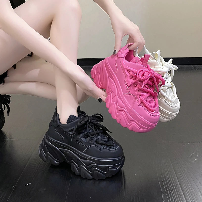 Sneakers Mesh Wedge 8.5cm Femme Chunky 2025 – Plateforme Respirante Talon Caché Été