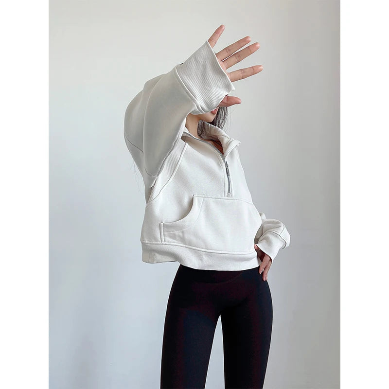 Sweat Femme Oversize Zip Polaire – Hoodie Streetwear Chaud Casual Rose Blanc
