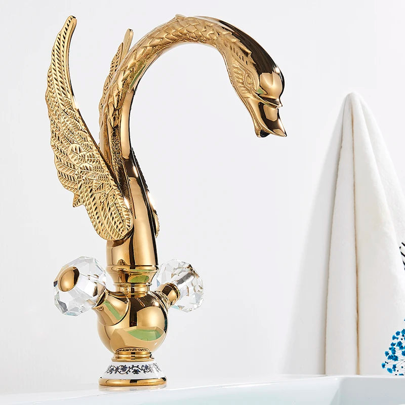 Robinet Lavabo Design Cygne en Laiton – Or & Noir, Mitigeur Eau Chaude & Froide | Salle de Bain Luxe