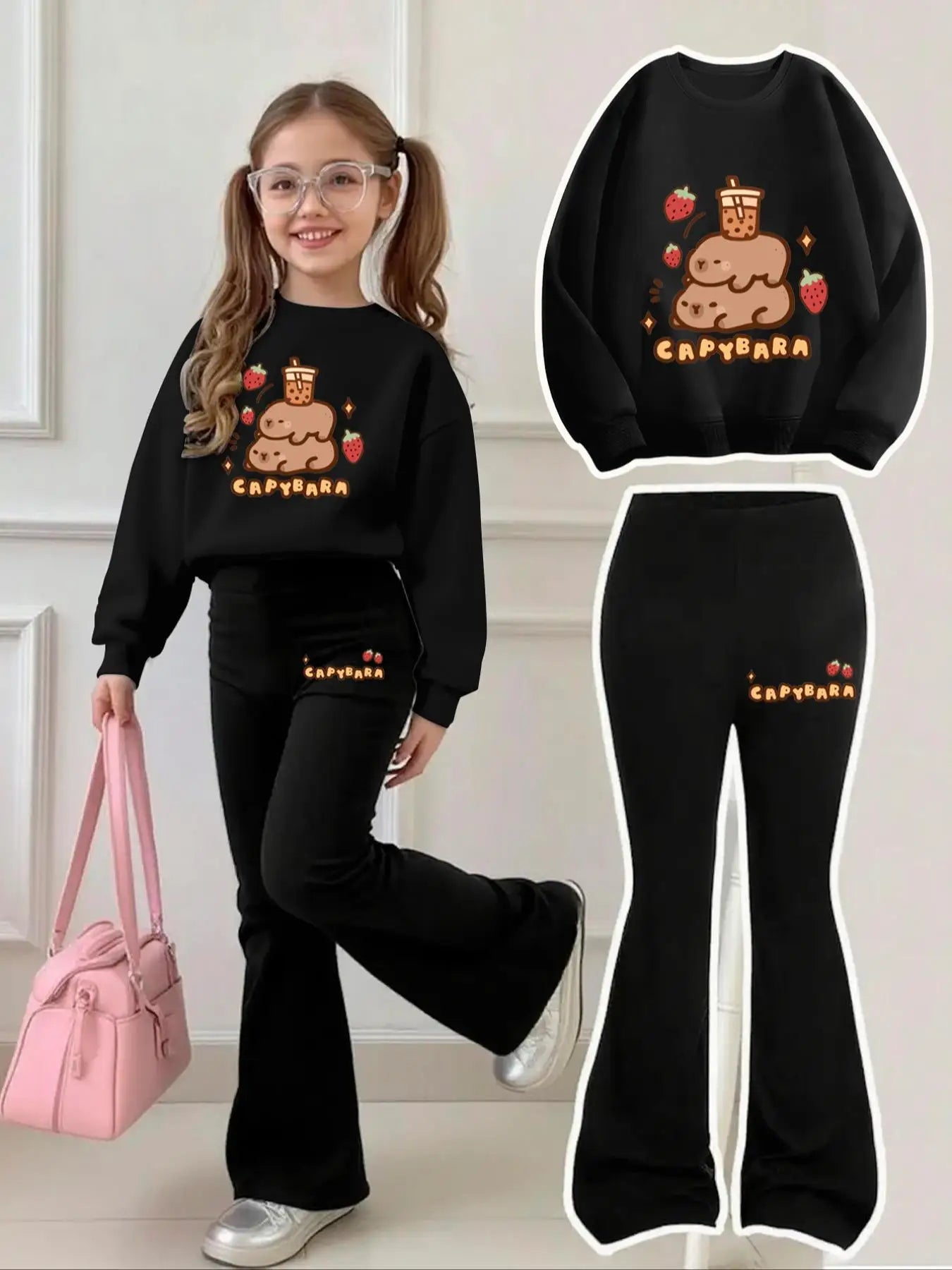 Mädchen-Set Kapybara Milchtee-Sweat – Schlaghose Erdbeere 4-12 Jahre