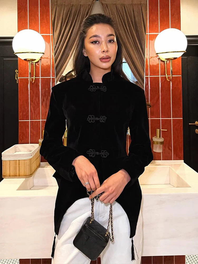 Veste Femme Velours Noir Franges Boutons Nœuds Ourlet Asymétrique Manches Longues Slim – Élégante Streetwear & Bureau