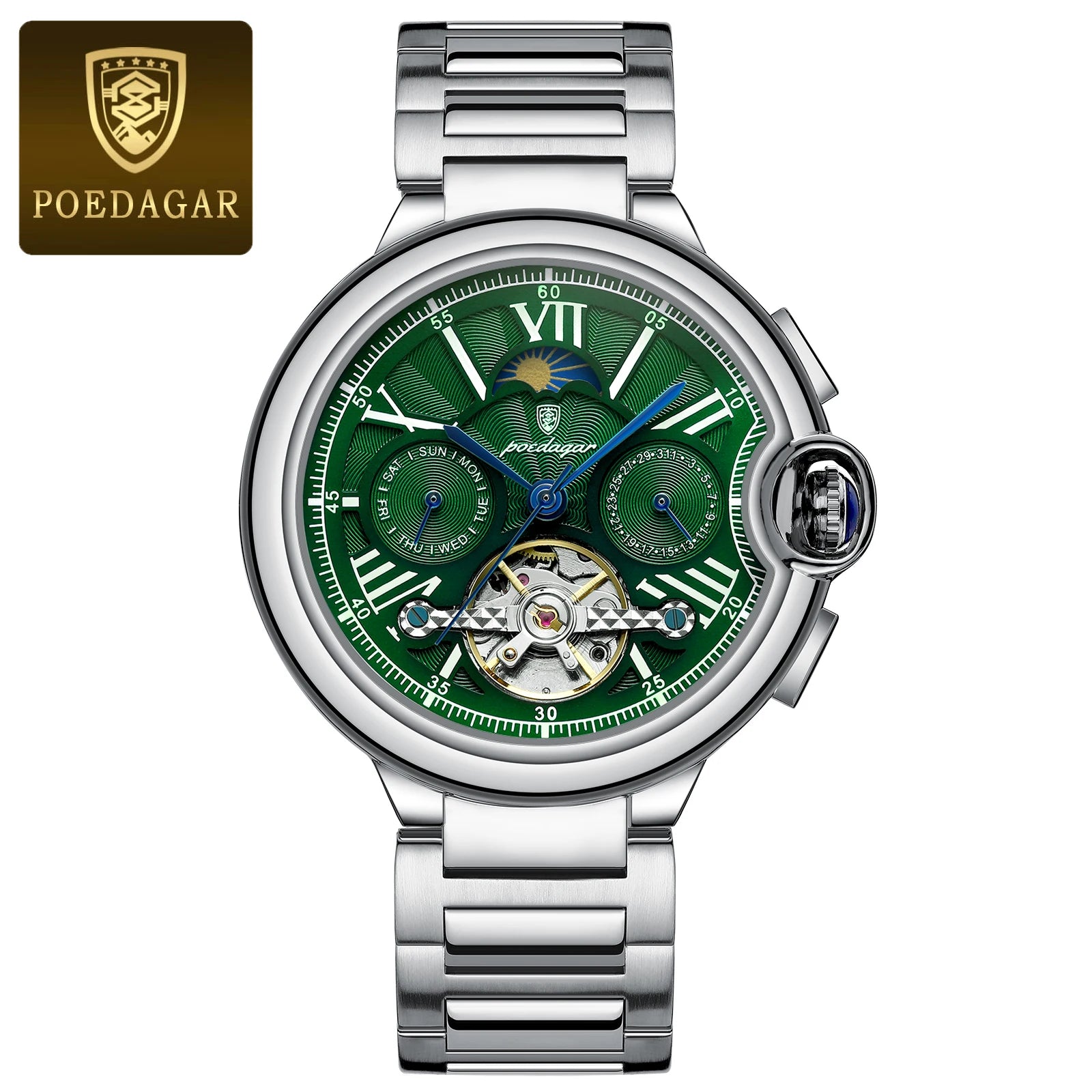 Montre Homme POEDAGAR Tourbillon Automatique Militaire – Acier Date Semaine Étanche