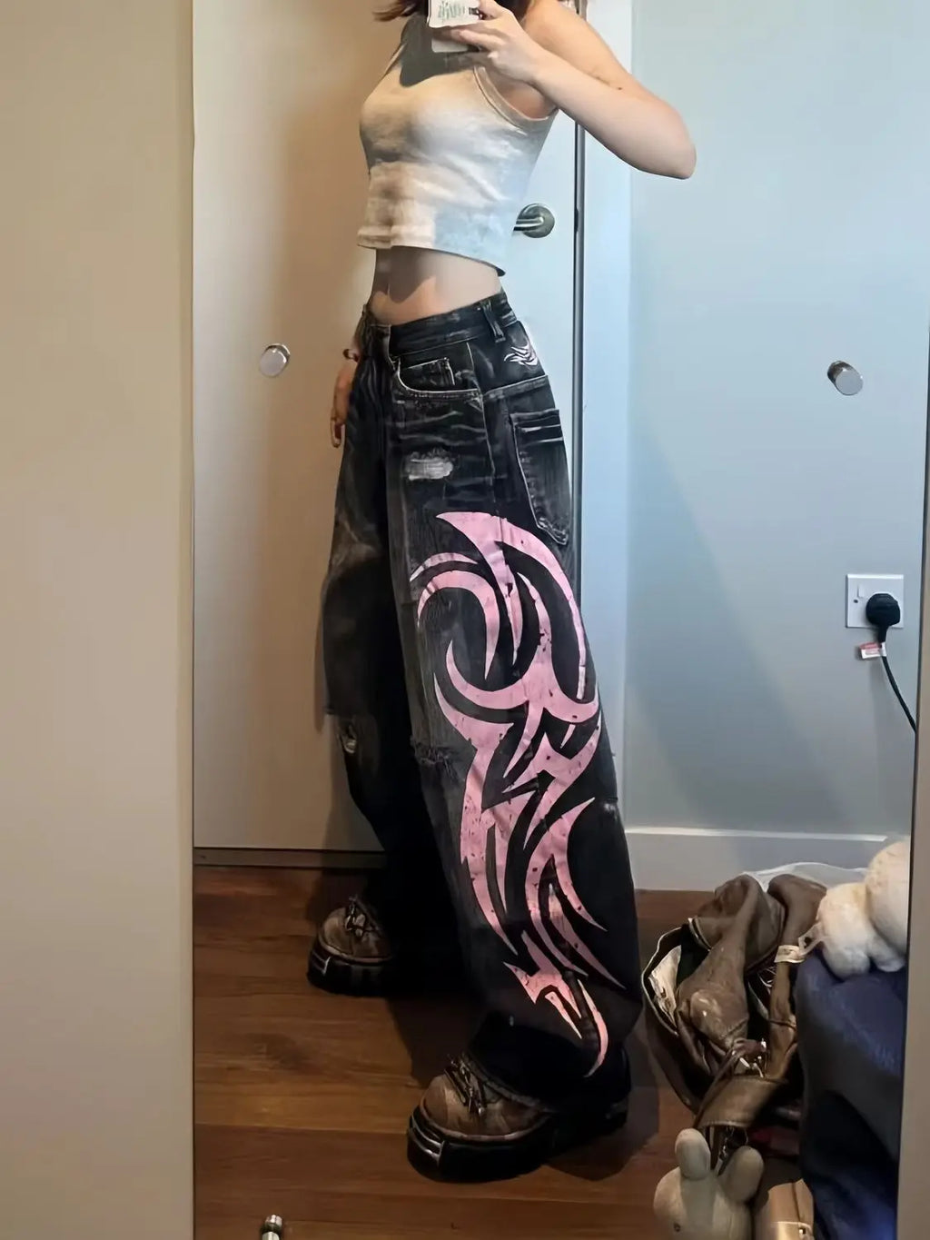 Jean Large Y2K Vintage Imprimé Totem Taille Haute - Baggy Harajuku Hip-hop Streetwear Femme