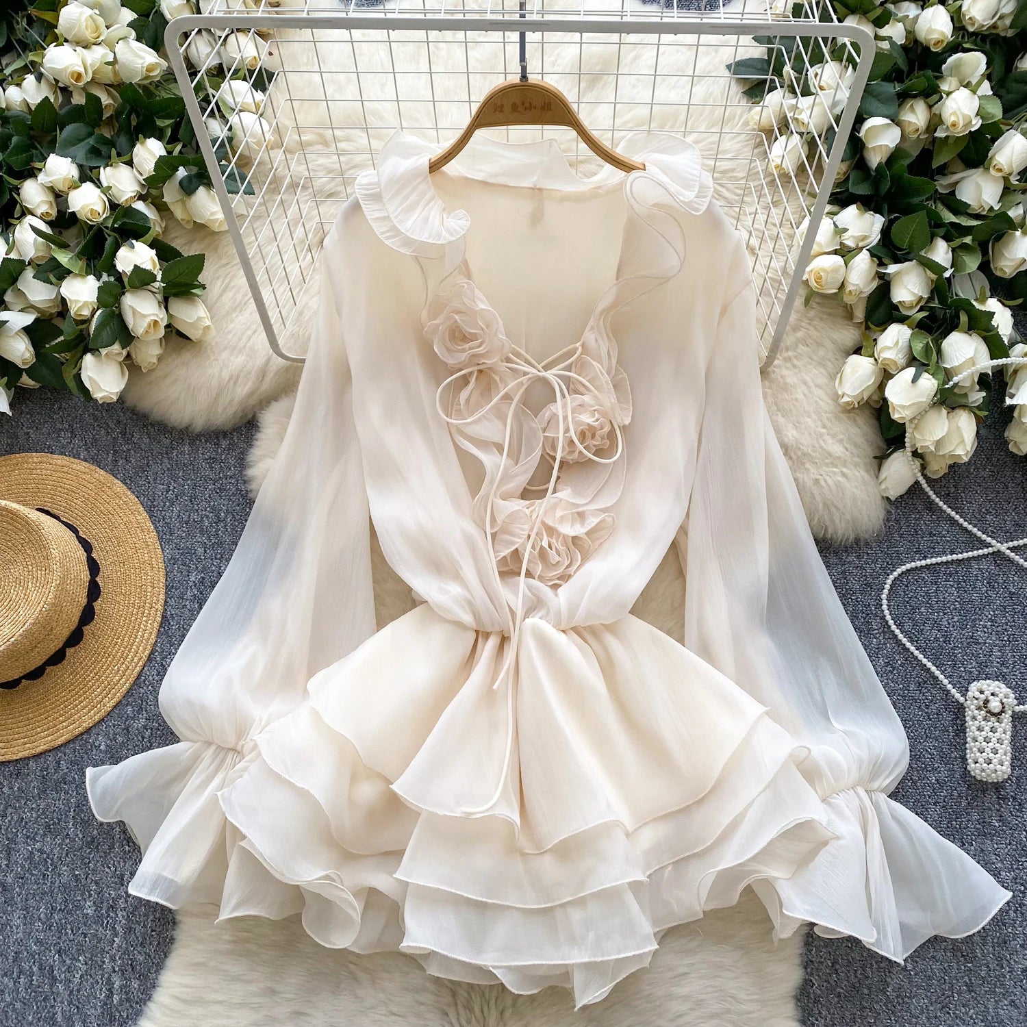 Robe Courte Femme Fleurs 3D Manches Longues Laçage Volants Mousseline – Vintage Bohème Sexy | Plage Été