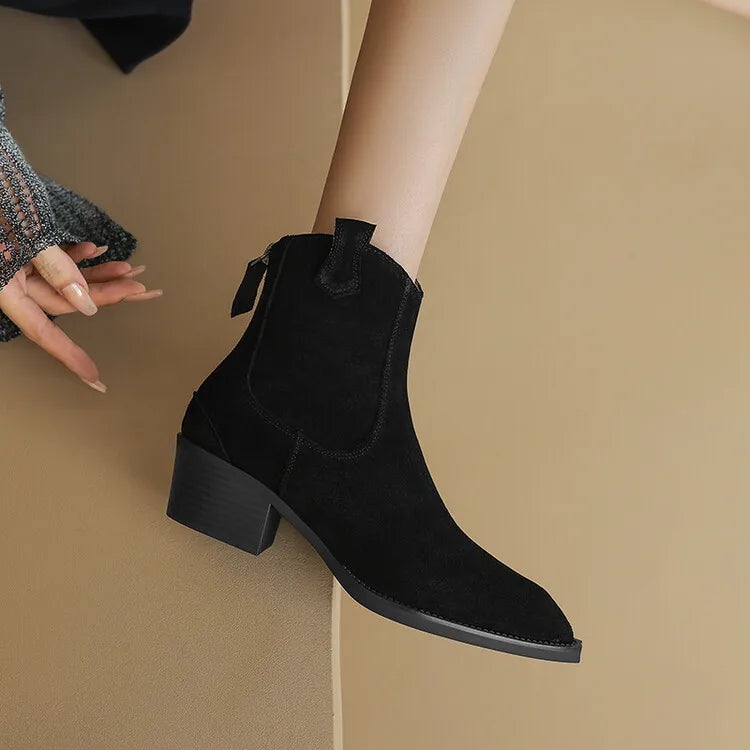 Bottes Suède Vache Chunky Heel Western Femme – Bout Pointu Noir Zip Concis Automne
