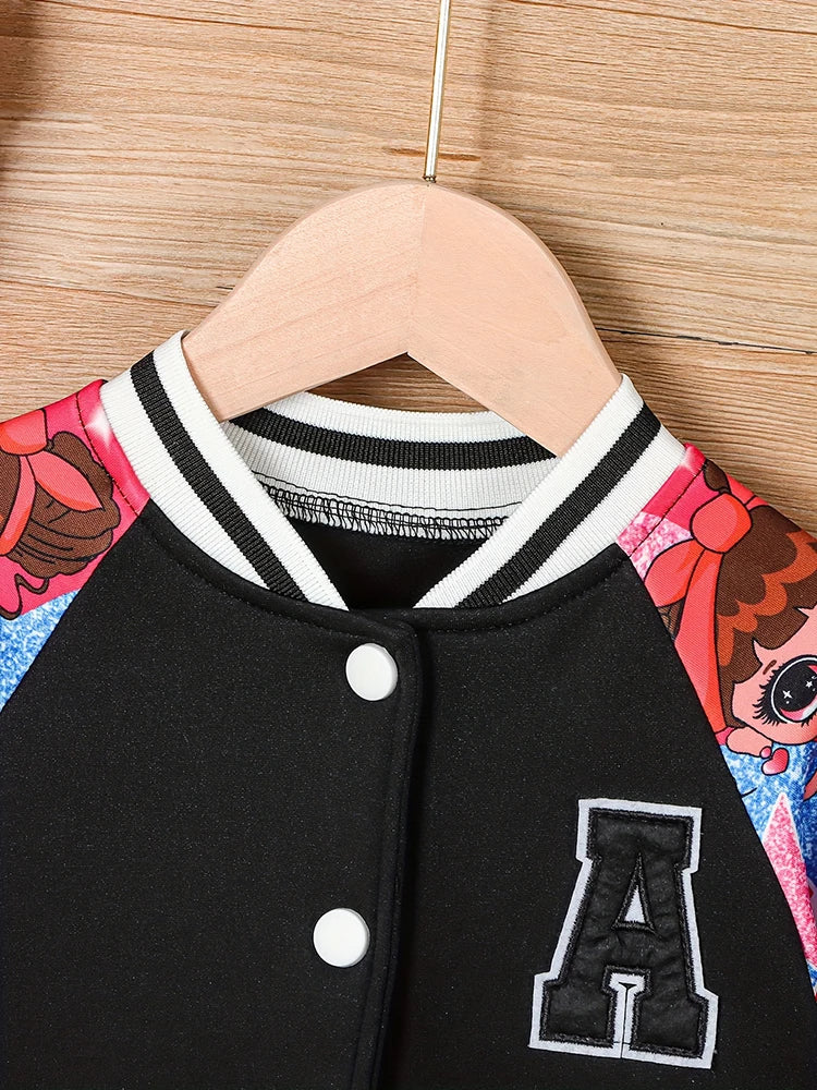 Veste Baseball Fille Imprimé Poupée Cartoon Lettre A – Blouson Casual Printemps Automne Enfant