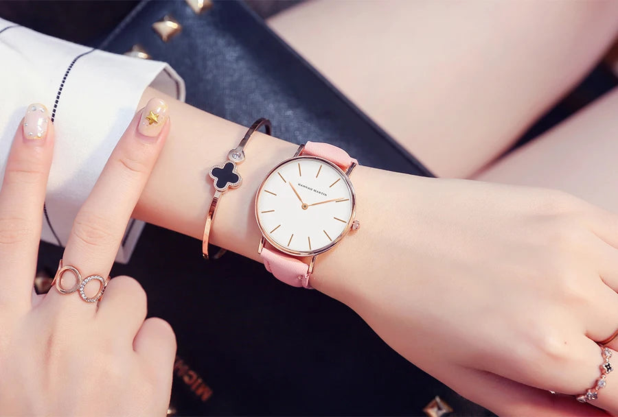 Montre Femme Luxe HANNAH MARTIN Ultra-Fine 36mm Cuir Or Rose – Étanche Élégante Fashion