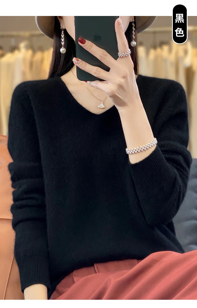 Kaschmirpullover 100% Wolle V-Ausschnitt Damen - Strick Casual Korean Fashion Herbst Winter