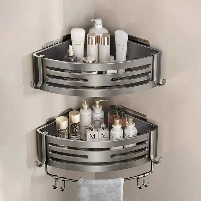 Étagère d’Angle Salle de Bain Aluminium – Sans Perçage Autocollant | Rangement Shampooing & Maquillage