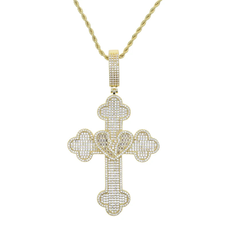 Collier Pendentif Hip Hop Bling 5A CZ Pavé Croix & Cœur Glacé – Chaîne Cuban Link, Tennis & Corde | Bijou Homme Rapper Streetwear Premium