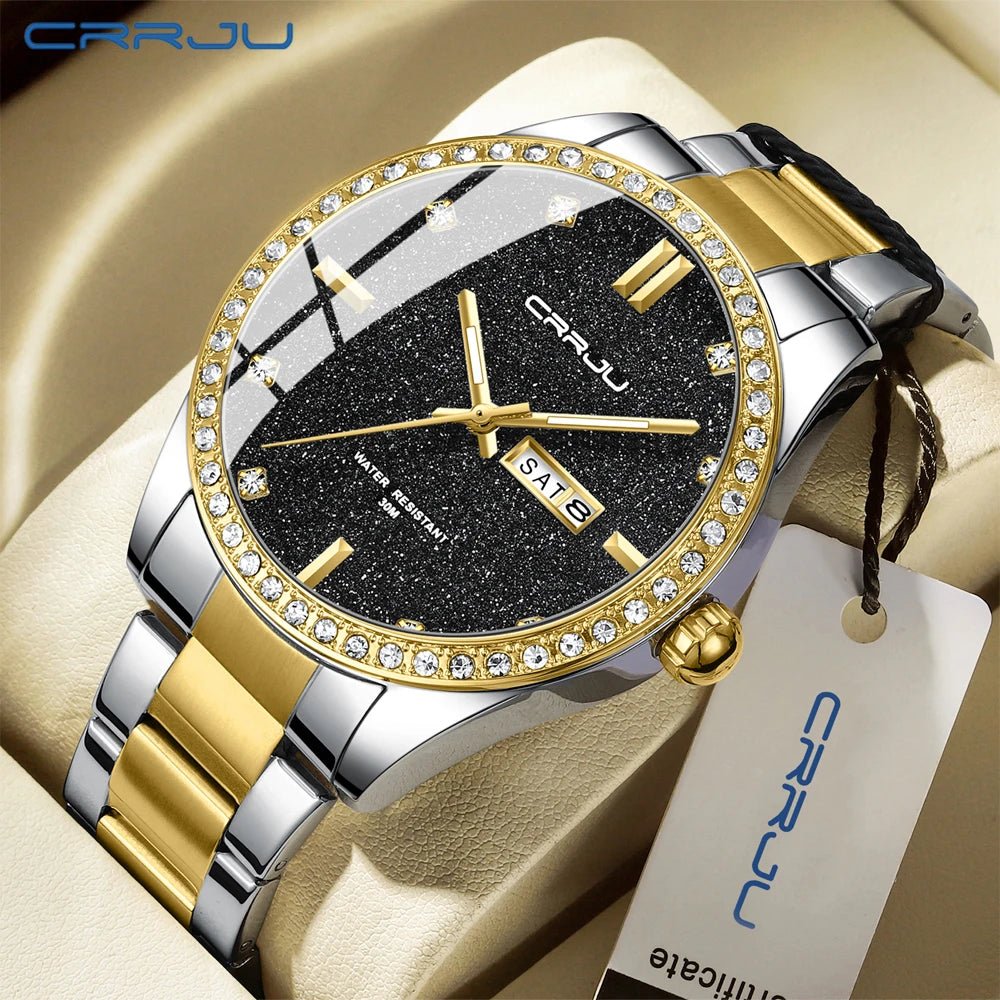 Montre Homme CRRJU Moissanite Diamant Luxe Cadran Doré Acier Inoxydable Lumineux Élégante Premium | Montre CRRJU Moissanite Diamant Luxe Premium