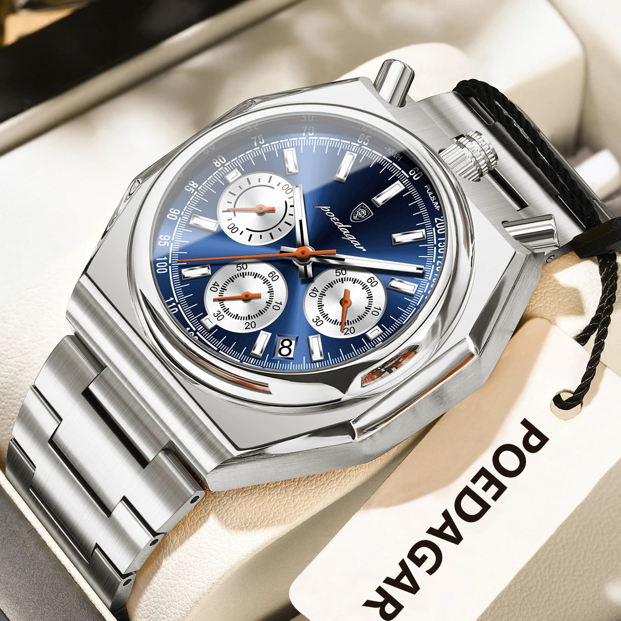 Montre Homme Luxe POEDAGAR Chronographe Militaire Acier Inoxydable Lumineux Étanche + Boîte