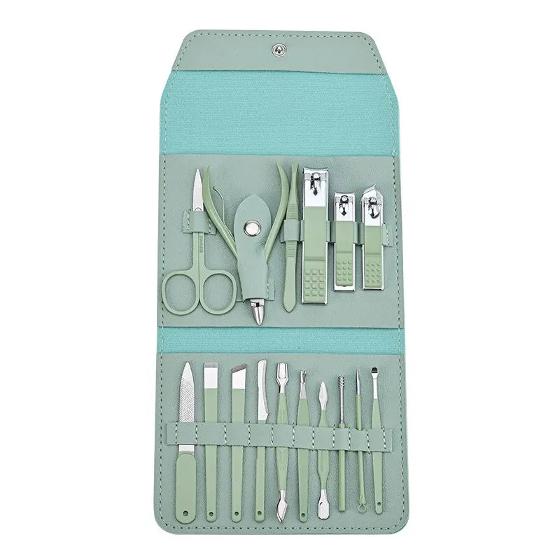 Kit Manucure 16 Pièces Inox – Coupe-Ongles, Ciseaux & Accessoires | Pochette Pliable | Soin Ongles Professionnel