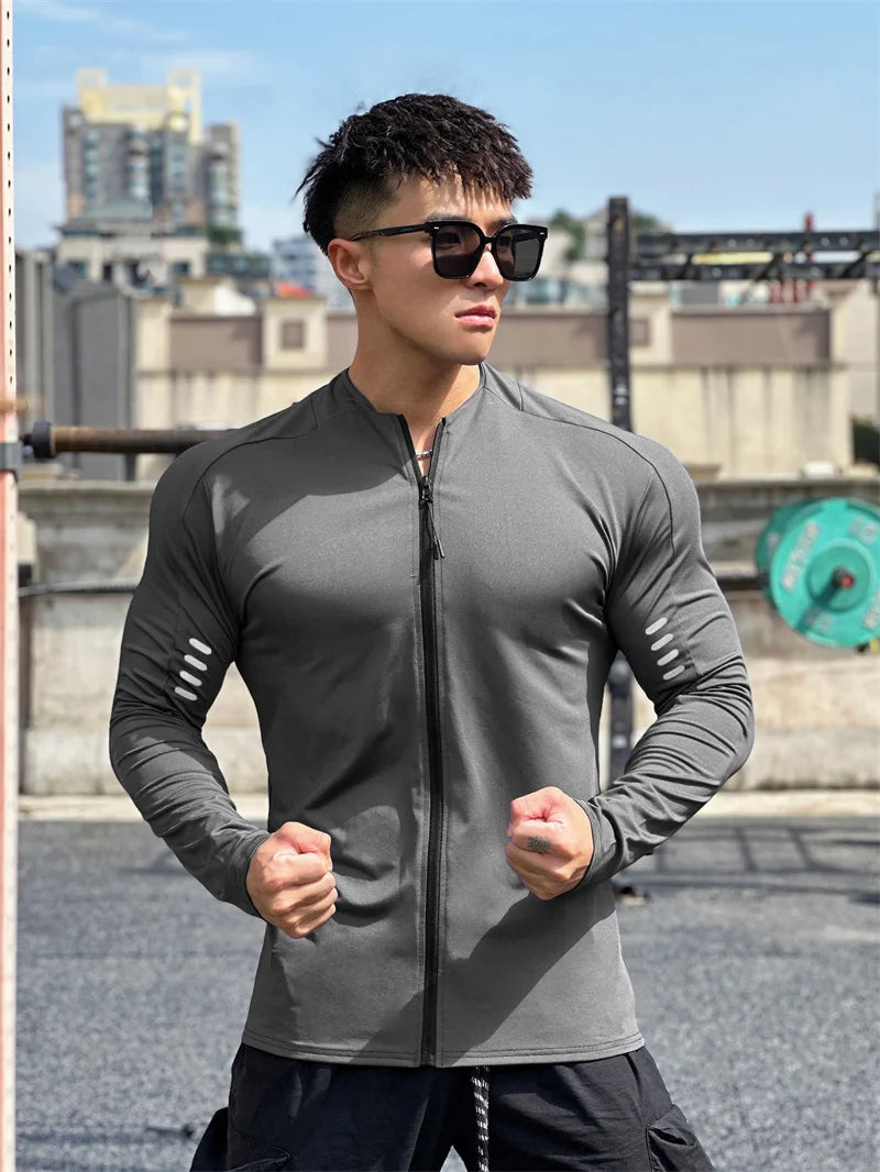 T-Shirt Zippé Homme Manches Longues – Jogging Gym Fitness Training Casual Sport