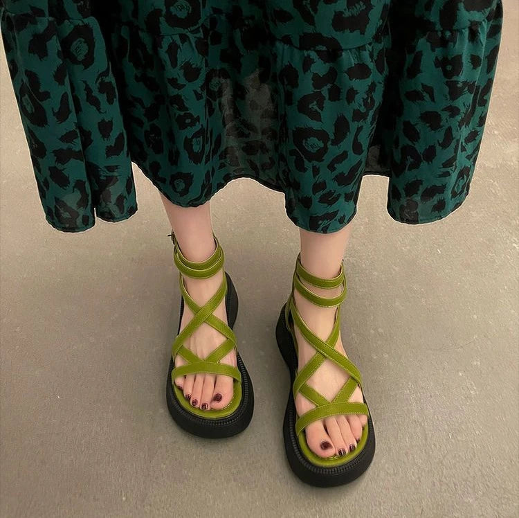 Grüne Römische Sandalen Mittelhoher Absatz Plateau Reißverschluss 2025 – Atmungsaktiv Mode Sommer