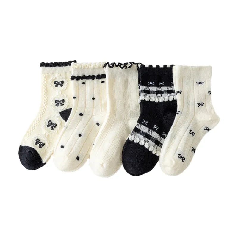 Lot 5 Paires Chaussettes Fille Coton Dentelle Nœud – Rayures Douces Respirantes Antidérapantes Princesse