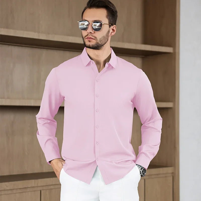 Chemise Homme Business Casual Manches Longues Couleur Unie Anti-Froissage – Confortable Toutes Saisons Polyvalente | Mode Homme Élégant