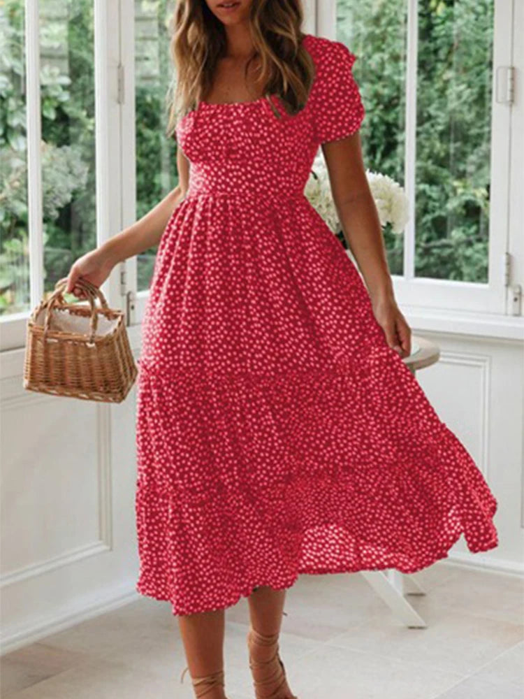 Vintage Maxikleid mit Blumenmuster – Carmen-Ausschnitt & Puffärmel | Maxi Strandkleid Casual