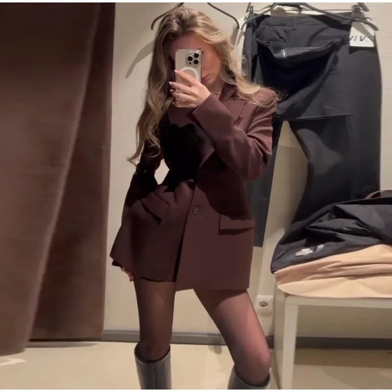 Ensemble Blazer Mini Jupe Femme Élégant – Col Revers Manches Longues Slim Uni | Tenue Bureau Chic 2025