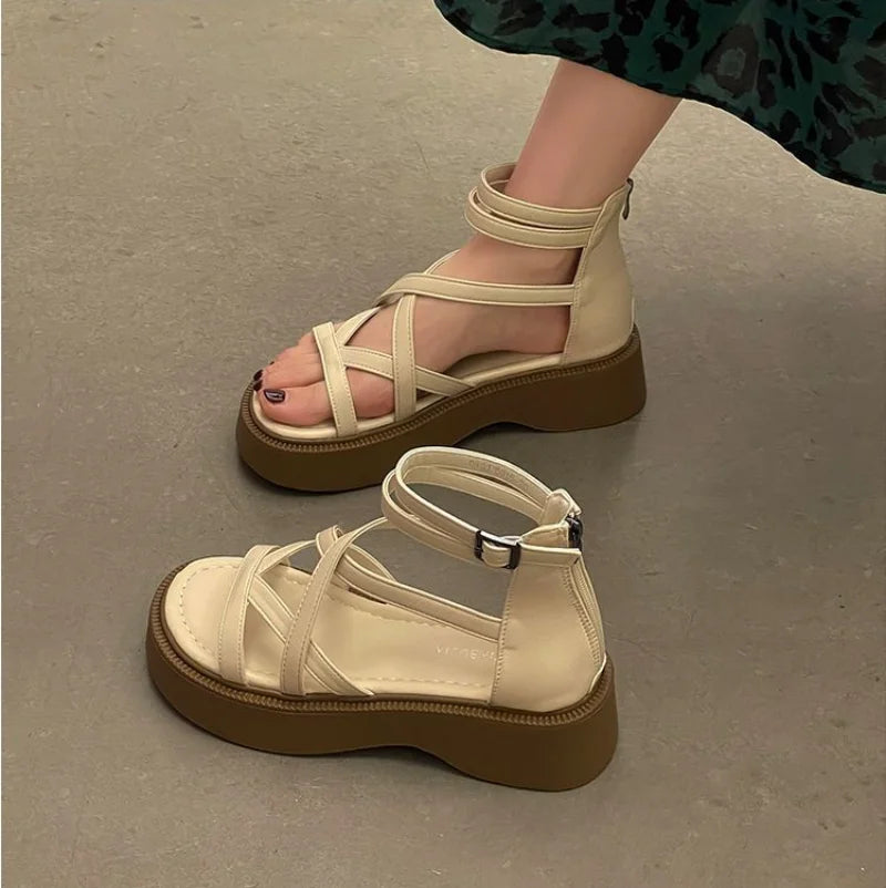 Sandales Romaines Vertes Talon Moyen Plateforme Zip 2025 – Respirantes Fashion Été